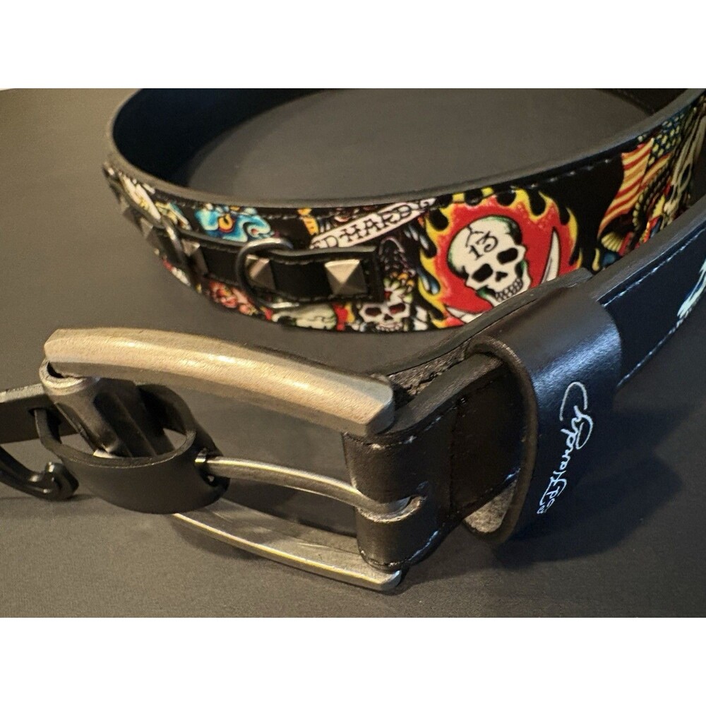 Ed Hardy Skull belt featuring tattoo-inspired graphics and studded details